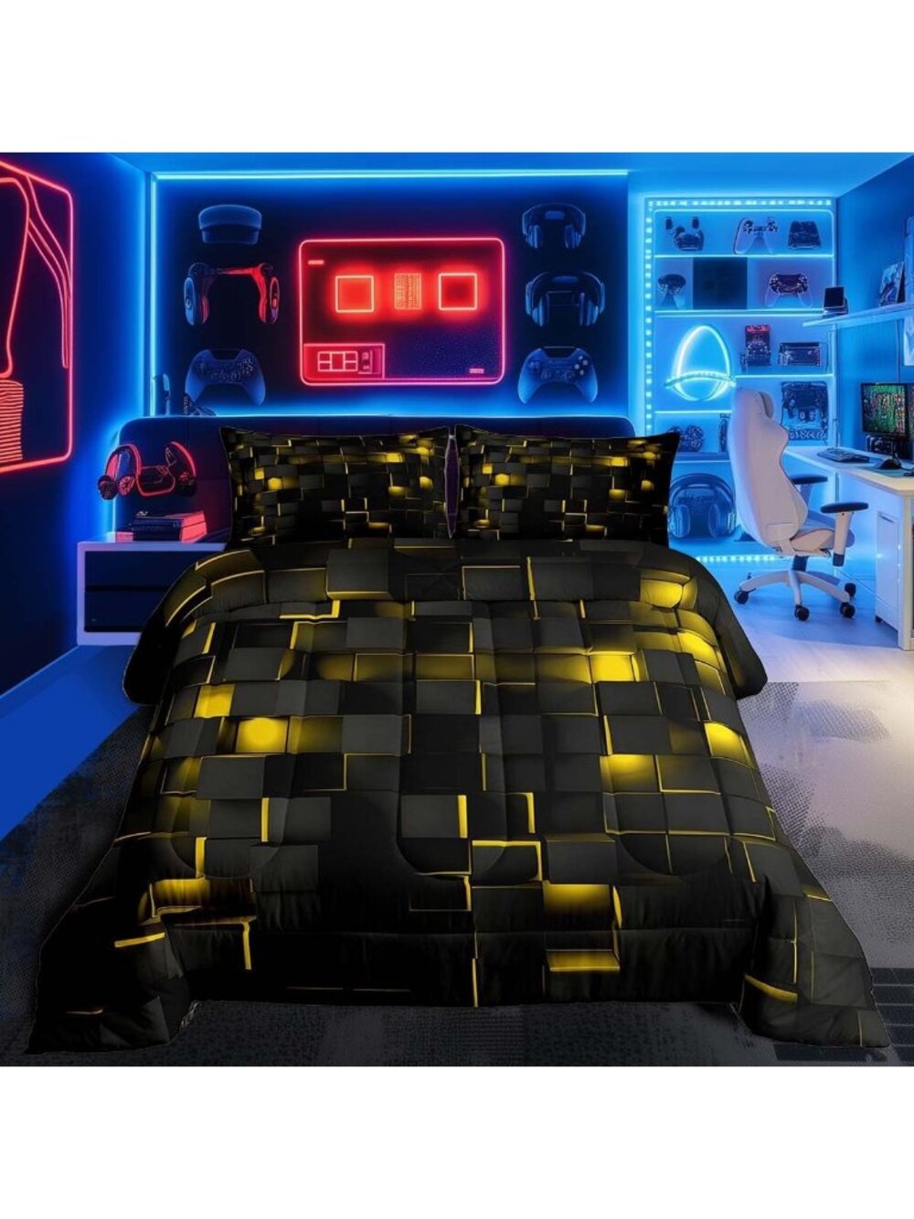 Yellow & Black Twin Bedding Set for Kids - Light Geometric Design, Cozy